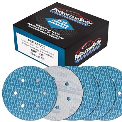 ProductionShop Premium 220 Grit 6" Rhombus Diamond Shape Blue Sanding Discs, 6-Hole, Box of 50 - Hook & Loop Anti-Clogging J-Cloth Dustless Sandpaper for Random Orbital Sanders, Sand Auto Paint, Wood - style: 220 Grit