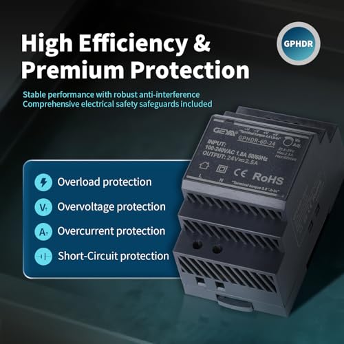Ultra Slim Step-Shape 3SU DIN Rail Power Supply, 24V 2.5A 60W GPHDR-60-24 for Industrial Automation, Communication Base Stations, Data Centers and Medical Equipment - size: 60W-24VDC-2.5A