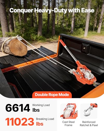 VEVOR Rope Puller, 6614 lbs Pulling Capacity, Heavy Duty Ratchet Power Puller Tool with 35 ft of 0.3 in Diameter Rope & 2 Hooks, Come Along Winch for Tree Felling, Moving Boats, Road Recovery - size: 3 Ton