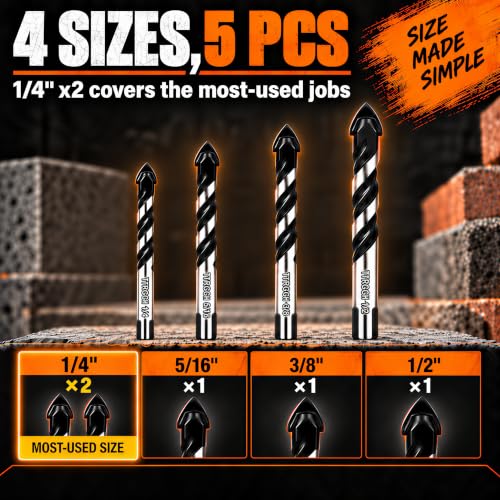 5-Piece Masonry Drill Bit Set & Concrete Drill Bit Set, 5 Sizes, 1/4"-1/2" - size: 5 pcs 1/4"-1/2" Masonry Drill Bit Set