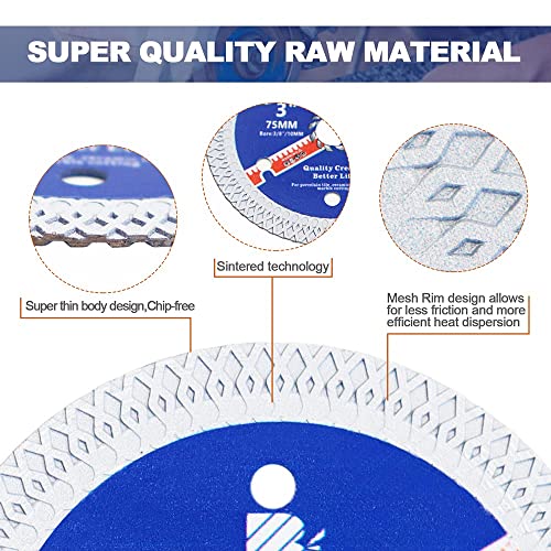 Super Thin Diamond Porcelain Saw Blade with X Teeth,BRSCHNITT 2pcs 3 Inch (75 mm) x Arbor 3/8 Inch (10 mm) Angle Grinder Diamond Cutting Disc for Dry/Wet Cutting Porcelain Tile Ceramic Marble Granite - size: 75mm(3")