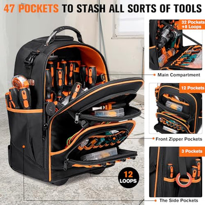 AUROPEAK Rolling Tool Backpack, 47 Pocket Heavy Duty Tool Bag with Wheels - size: 1.57" Wheel