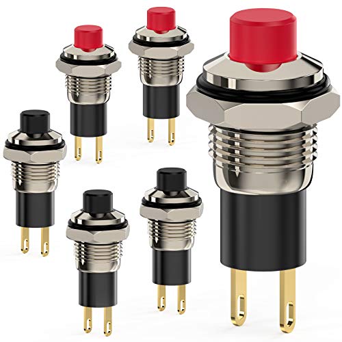 Push Button Switch, Self-Locking Mini Switches Latching 10mm Round DC24V 0.5A Black Cap 5PCS - style: black+red