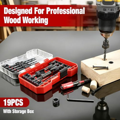 ANGELSWORD Countersink Drill Bit Set for Wood,19pc with Wood Plug Cutter