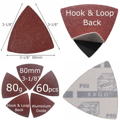 XXGO 60 Pcs 80 Grits 3-1/8" 80mm Triangle Oscillating Tool Sandpaper - size: 3-1/8 Inch Triangle - 80 Grit - 60 Pcs