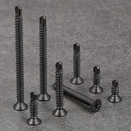 Wensilon（250pcs）#8×1-1/4”for Sheet Metal Self-Tapping Screws 410 Black Stainless Steel Flat Head High-Strength Quick self-Drilling Screws - color: Black, size: #8X1-1/4"