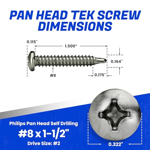 Fastenere Pan Head Self Drilling Tek Screws - #8 x 1-1/2" (50 Pack) Stainless Steel 410, Full Thread, Bright Plain Finish, Corrosion-Resistant, Self-Drilling, Easy to Install w/Phillips Drive Size #2 - size: #8 x 2" (50 Pack)
