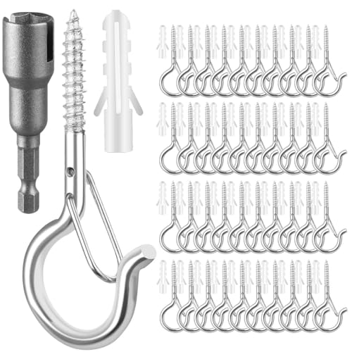 FSAH 48 PCS Q-Hanger Hooks with Safety Buckle, Windproof Screw Hooks - color: Silver, size: 48 Pcs