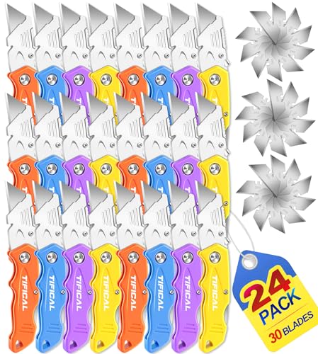 24Pack Box Cutter Retractable, Folding Utility Knife with 30 Blades - size: 24 Pack+30 Blades