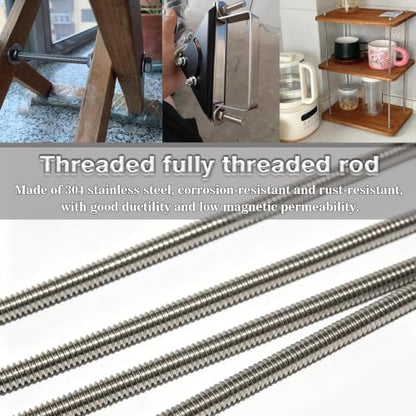 304 Stainless Steel Fully Threaded Rods, 1/4"-20 Thread Size, 4 Pcs