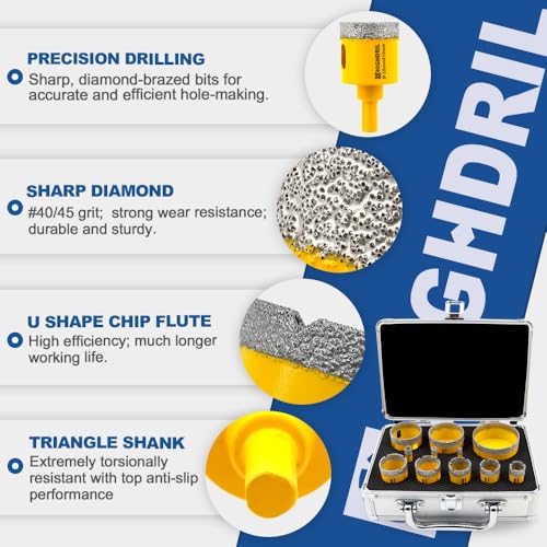 HIGHDRIL 11Pcs Diamond Hole Saw Kit - 1/4", 5/16", 3/8", 4/5", 1", 1-1/8", 1-1/4", 1-3/8", 1-3/4", 2", 2-1/2" Drill Bits for Tile Porcelain Ceramic Granite Marble - size: Shank Set1