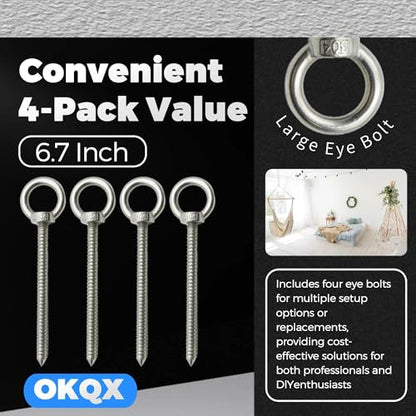 4 Pack 6.7 Inch Heavy Duty Eye Bolts - M10x120mm 304 Stainless Steel Extra Long Eye Hooks, Large Eye Bolt for Secure Load Transfer, Ideal for Heavy Duty Hammocks Stand, Industrial Use