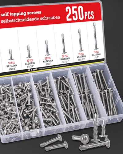 250PCS Self Tapping Screws for Metal, 410 Stainless Steel Sheet Metal Screws, #8 Assorted Round Self Drilling Screws Set for Metal Sheets, Wood, (1/2", 5/8", 3/4", 1", 1-1/4", 1-1/2", 2") - size: 250PCS