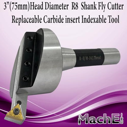 MachEl 3" (75 mm) Fly Cutter with R8 Shank (7/16" Drawbar) - Indexable Tool for Milling & Lathe Machines, Replaceable Carbide Insert