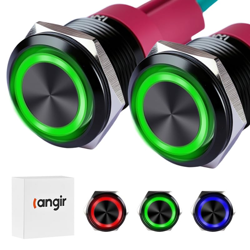 15Amp Latching Push Botton Switch 2PCS,16mm(0.63”) 12V-24V Black Shell AC/DC IP67 Waterproof with Green LED Angel Eye Light On and Off with Wire Socket. - color: green, size: 16mm