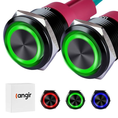15Amp Latching Push Botton Switch 2PCS,16mm(0.63”) 12V-24V Black Shell AC/DC IP67 Waterproof with Green LED Angel Eye Light On and Off with Wire Socket. - color: green, size: 16mm