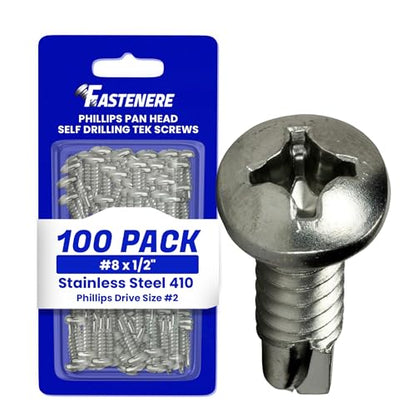 Fastenere Pan Head Self Drilling Tek Screws - #8 x 1/2" (100 Pack) Stainless Steel 410, Full Thread, Bright Plain Finish, Corrosion-Resistant, Self-Drilling, Easy to Install w/Phillips Drive Size #2 - size: #8 x 1/2" (100 Pack)