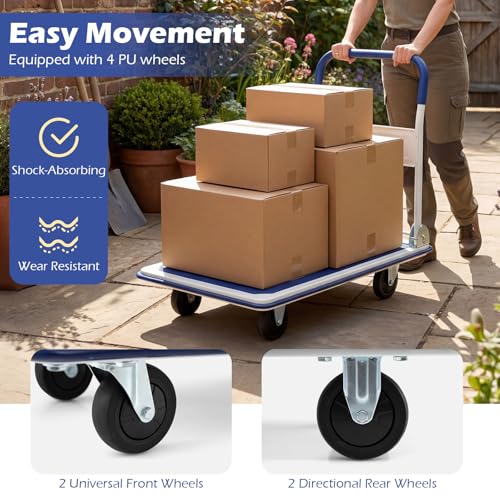 IRONMAX Foldable Push Hand Dolly with Swivel Wheels, 660 LBS Load Capacity - style: Blue+White 660lbs
