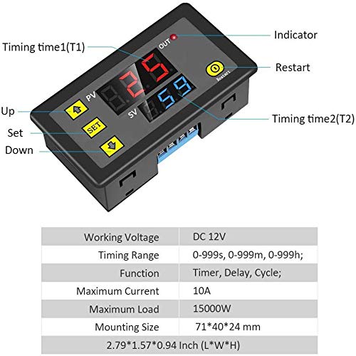 Delay Relay Module, ICSTATION DC 12V 10A Timer Relay 0-999s/min/h Digital Time Delay Switch with LED Display Timer Cycle Delay Module for Light Water Pump Engine - style: DC 12V