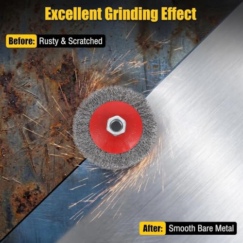 4 Pcs 4" Coarse Crimped Wire Wheel for 4-1/2" Angle Grinder, 0.014 Inch Carbon Steel Wire Brush for Rust, Corrosion, Paint Removal, Fits 5/8"-11 UNC Arbor(with 2 Pcs 1/4" Shank Drill Adapter) - style: 4" Coarse Crimped Wire Wheel