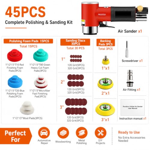 Proster Random Orbital Air Sander 1/2/3Inch Mini Pneumatic Sander Kit