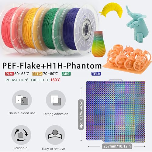 257x257mm PEF H1H Build Plate for Bambu Lab P1P/P1S/X1/X1C/X1E/A1 3D Printer, Smooth Flake PEF+ Phantom H1H Spring Steel Build Plate Sheet - color: Flake+ Phantom