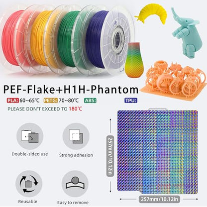 257x257mm PEF H1H Build Plate for Bambu Lab P1P/P1S/X1/X1C/X1E/A1 3D Printer, Smooth Flake PEF+ Phantom H1H Spring Steel Build Plate Sheet - color: Flake+ Phantom