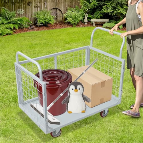 1800lbs Heavy Duty Platform Truck Cart, Steel Panel Truck, 4-in-1 Convertible, 38x23in Cage, Multi-Purpose Push Cart with Swivel & Brake Casters, for Groceries Garage Warehouse - color: Silver, size: 1800lbs