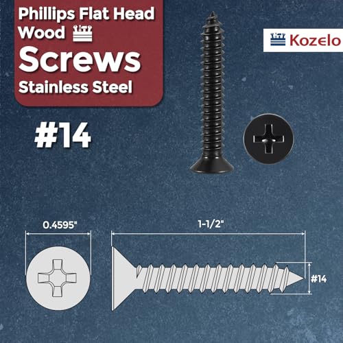 50pcs Phillips Wood Screws #14x1-1/2 304 Stainless Steel Black - color: Black, size: #14x1-1/2"