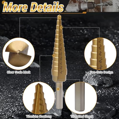 Uenhoy Titanium Step Drill Bit 1/8"-1/2" 13 Sizes HSS for Metal Plastic - size: 1/8 to 1/2 Inch