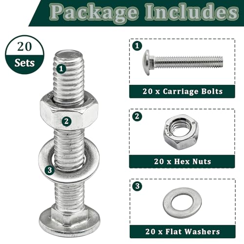 M6 x 12mm Carriage Bolts Kit,304 Stainless Steel Round Head Square Neck Carriage Bolts with Hex Nuts and Flat Washers,Full Thread,Silver(20Sets) - size: M6 x 12mm
