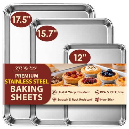 𝟒𝟏%𝟎𝐟𝐟 Baking Sheet Set of 3: Stainless Steel Cookie Sheets for Baking