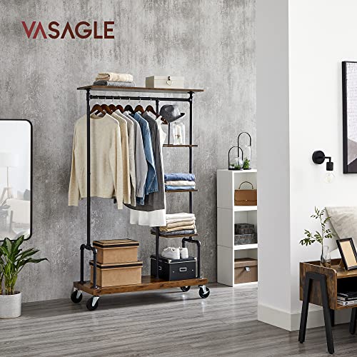 VASAGLE Clothes Rack, 5-Tier Garment Rack on Wheels, Industrial Pipe Style
