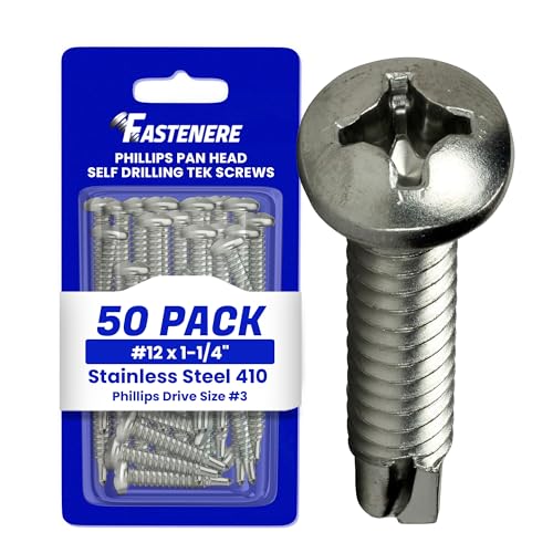 Fastenere Pan Head Self Drilling Tek Screws -#12 x 1-1/4" (50 Pack) Stainless Steel 410,Full Thread, Bright Plain Finish, Corrosion-Resistant, Self-Drilling, Easy to Install w/Phillips Drive Size #3 - size: #12 x 1-1/4" (50 Pack)
