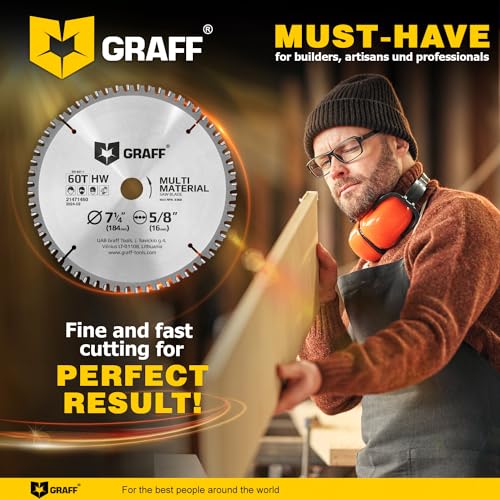 7-1/4" Circular Saw Blade - Chop Saw Blade for Metal, Wood Plywood Aluminum Drywall & Plastic 60T TCT Blade for Circular Table Miter & Cordless Saws 5/8 Inch Arbor No Heat No Sparks Burr Free GRAFF - size: Ø 7 ¼ Inch - 60T Multi, style: Multi Cutting Blad