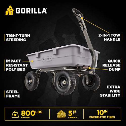 Gorilla Carts Poly Dump Cart, 800 lb. Capacity, 5 Cu Ft, Gray - size: 5-Cubic Feet, style: Pneumatic