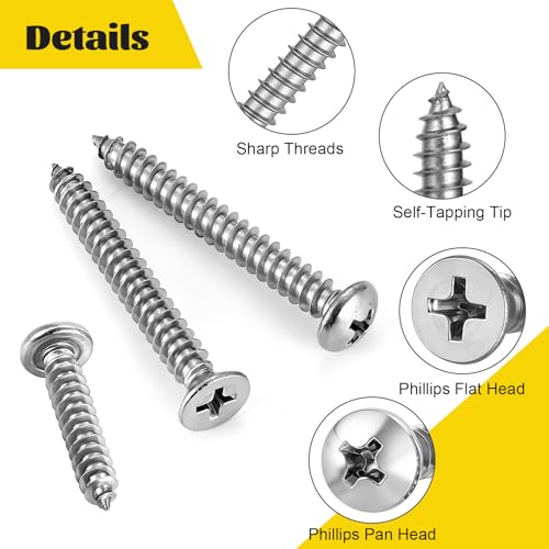 915pcs Self Tapping Screws Assortment Kit, M3/M4/M5/M6 Metric Flat Head & Pan Head Sheet Metal Screws Assorted Set, 304 Stainless Steel Wood Screw - size: 915pcs M3M4M5 Silver