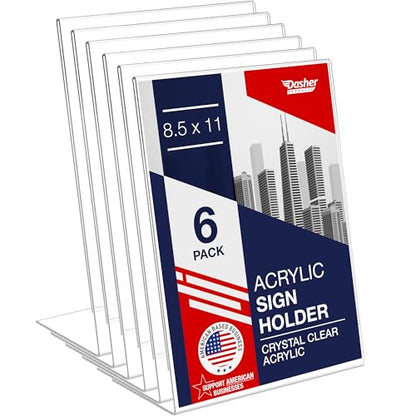 Acrylic Sign Holder 8.5 x 11, Slant Back Display Stand, A-Frame Flyer Display for Office, Menu Holder, and Table Signs. Acrylic Stands for Paper and Sign Frame, Perfect for Tabletop Use (6 Pack)