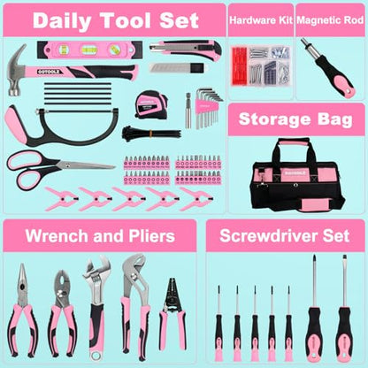 269-Piece Home Tool Set, General Household Repairing Tool Kit with Storage Bag, Basic Hand Tool Kit Set for Home Maintenance, DIY and Crafts - color: Pink