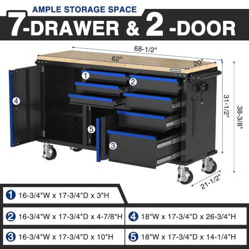 WORKPRO 62" x 20" Rolling Tool Chest, 7-Drawer & 2-Door, Blue & Black - color: Blue & Black, size: 62" x 20"(7-Drawer & 2-Door)