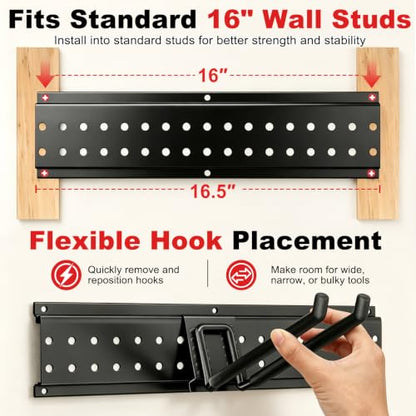 Garage Tool Organizer Wall Mount 99 inches with 18 Adjustable Heavy-Duty Hooks, Garage Organization, Garden Tool Storage Rack, Yard, and Shed, Holds Up to 750 lbs - size: 99" | 6 Panels + 18 Hooks