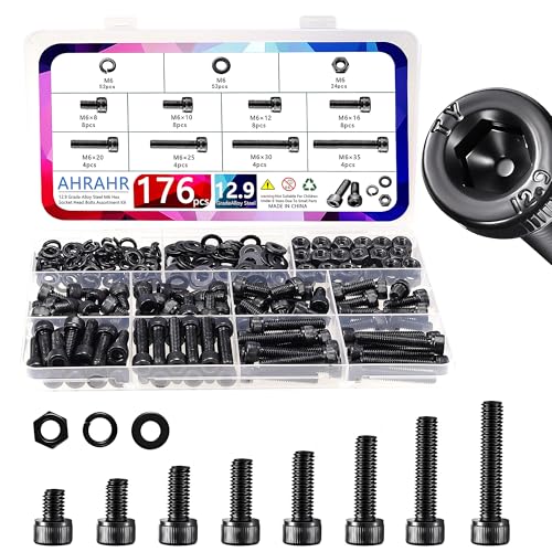 176PCS M6 Hex Socket Head Cap Screws Assortment Kit, 12.9 Grade Alloy Steel Black Zinc Plated M6x8/10/12/16/20/25/30/35mm Bolts Nuts Washers Set, Anti Rust Hardware for 3D Printer DIY Machinery Repair - size: M6 176pcs
