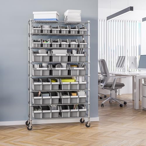 8-Tier NSF 24-Bin Steel Wire Shelving Rack, 36"W x 14.25"D x 63.5"H, Gray - color: Gray, size: 8-Tier Includes 24 Bins