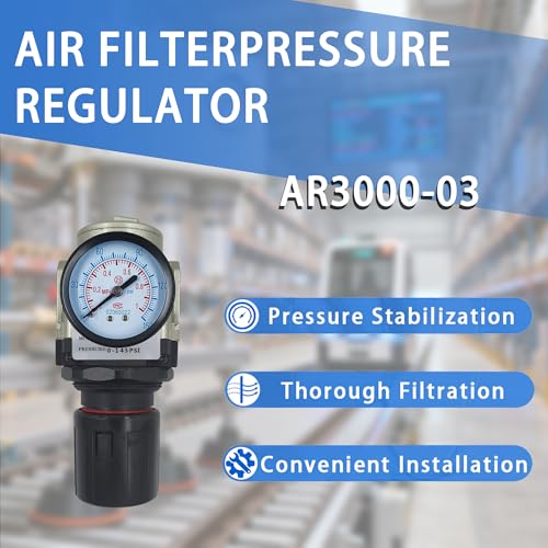 LTPC 3/8 Inch NPT Compressed Air Pressure Regulator with Dial Gauge & Mounting Bracket - 0-150 PSI Adjustable Air Hose Line Pressure Control Valve Kit for Pneumatic Tools & Air Systems (AR3000-03)