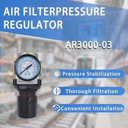 LTPC 3/8 Inch NPT Compressed Air Pressure Regulator with Dial Gauge & Mounting Bracket - 0-150 PSI Adjustable Air Hose Line Pressure Control Valve Kit for Pneumatic Tools & Air Systems (AR3000-03)
