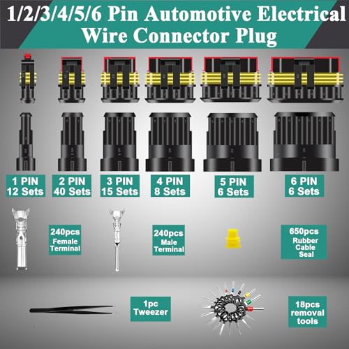 1500PCS 87 Sets Waterproof Automotive Electrical Connectors Waterproof Wire Connectors Automotive Replacement Ignition Plug Connectors 1/2/3/4/5/6 Pin with Ratcheting Crimper Pliers - color: Black, size: 1500pcs