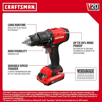 CRAFTSMAN 20V MAX 1/2 Cordless Hammer Drill, Includes Battery (2 Ah), Charger and Double Ended Bit, Variable Speed Power Hammer Drill with LED Light (CMCD712D1)