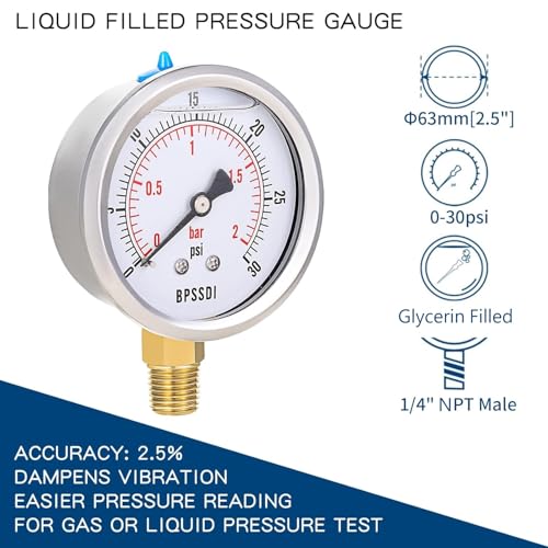 0-30 Psi Glycerin Liquid Filled Low Pressure Gauge, 2.5" Dial Size, 1/4" NPT Lower Mount, 304 Stainless Steel Case, for Water Pipe, HVAC, Water Oil Air Pressure Test - size: 0-30 psi, style: Lower Mount