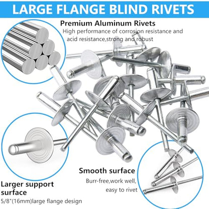 LAZIRO Large Flange Pop Rivets 3/16" Aluminum Body Steel Mandrel Large Dome Head 6-8 Gap .Large Self-Plugging Open End Decorating Fastener Nails Pop Rivets (Silver) (3/16"X5/8") - size: 3/16"X5/8"