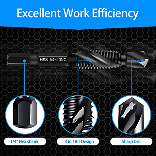 6-Piece 6-32NC Combination Drill Tap Countersink Bit Set SAE, Made of High-Speed Steel with Anti-Rust Blackened Coating, Ideal for Soft Metal, Wood & Plastic, 6-32NC Thread Size, 1/4” Hex Shank - size: 6-32NC